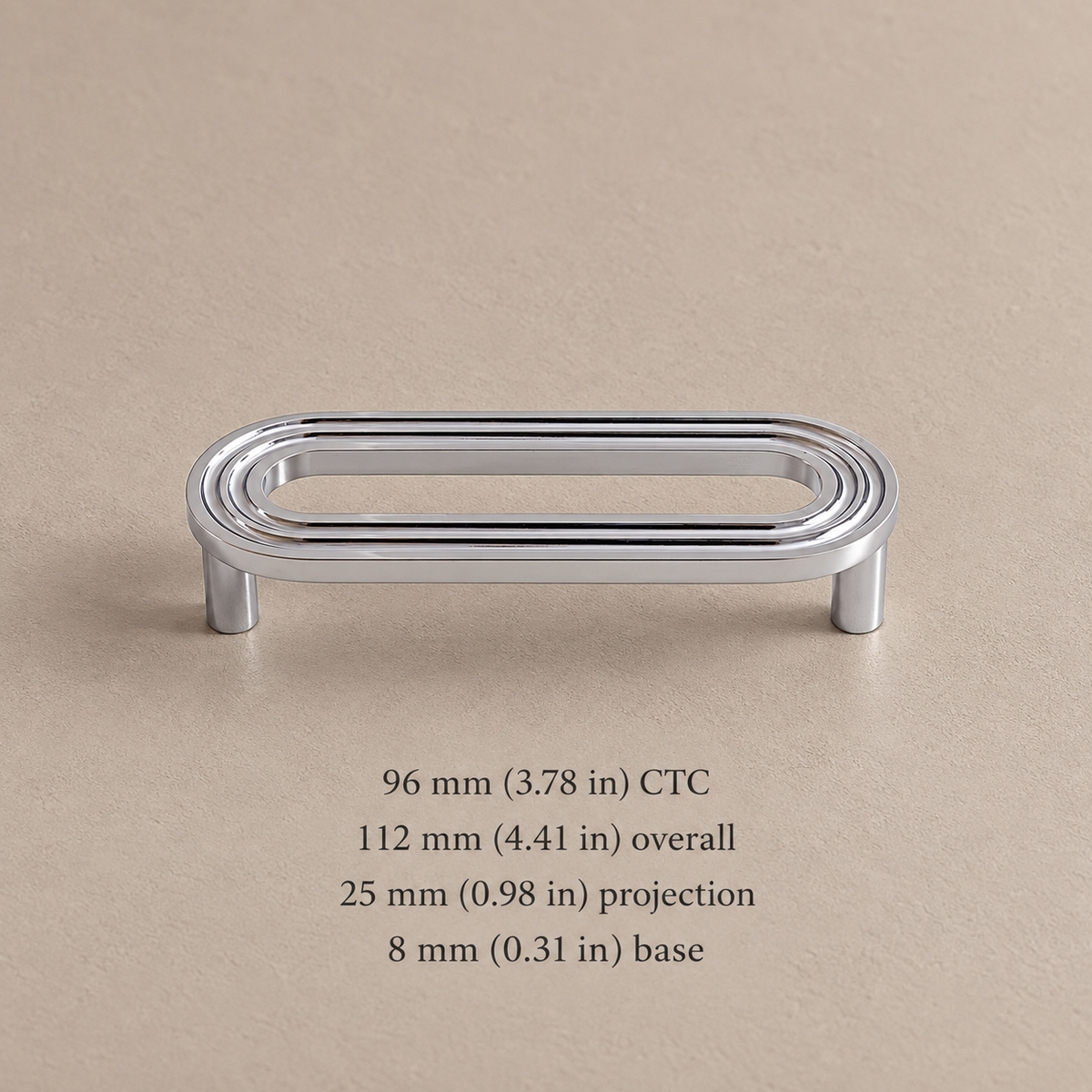 Chrome oval cabinet pull, 96 mm (3.78 in) hole spacing