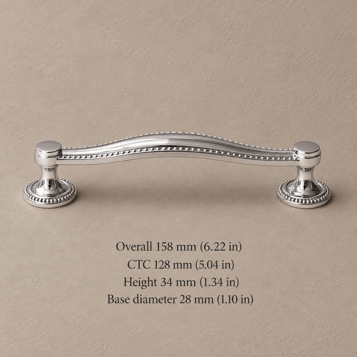 Chrome cabinet pull with 128 mm CTC and dimensions