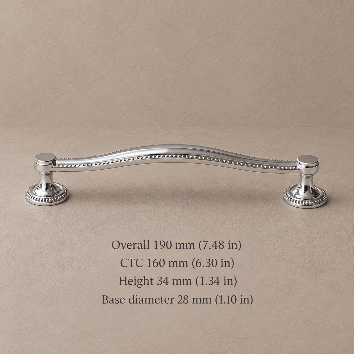 Chrome cabinet pull with 160 mm CTC and dimensions