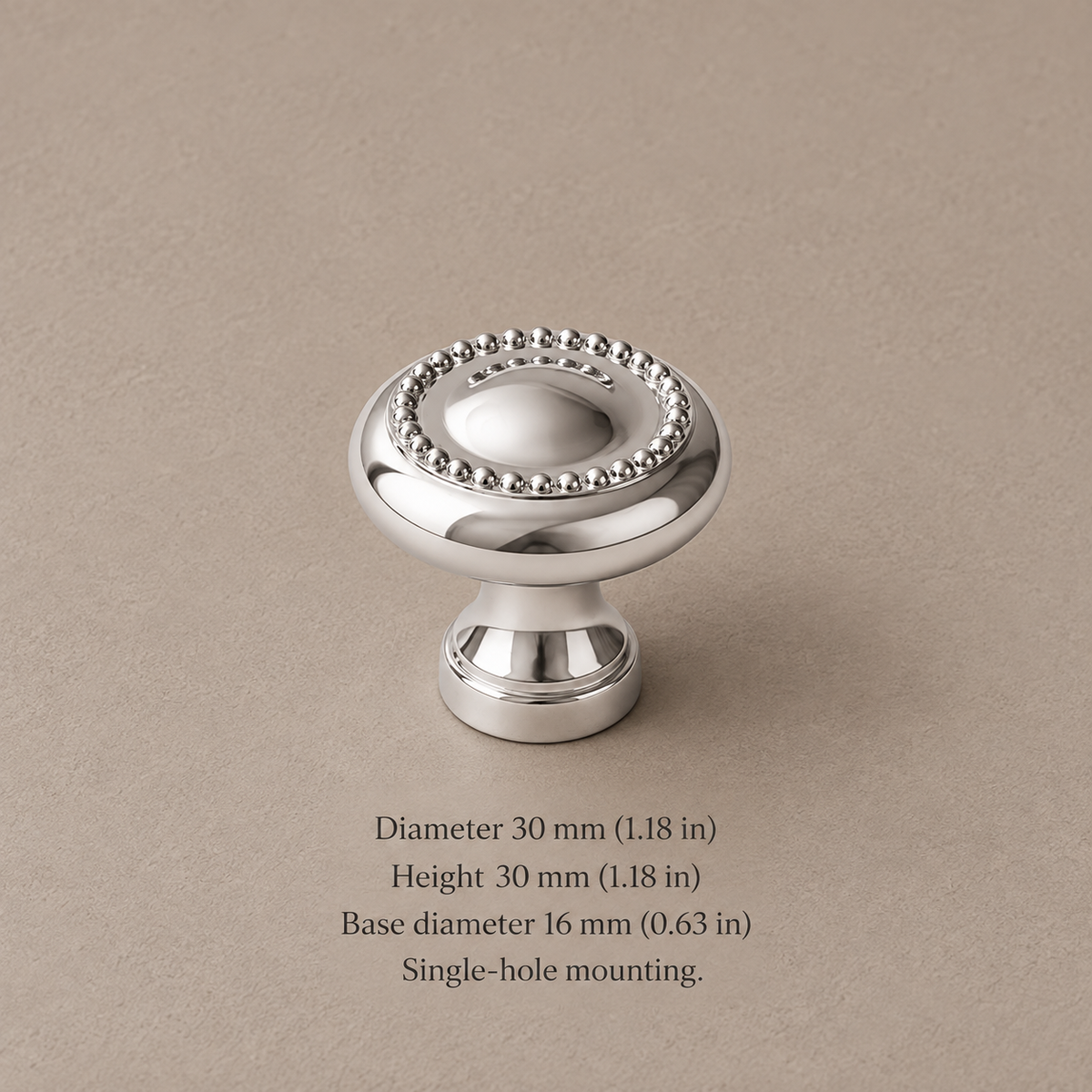 Chrome 30 mm beaded cabinet knob with dimensions