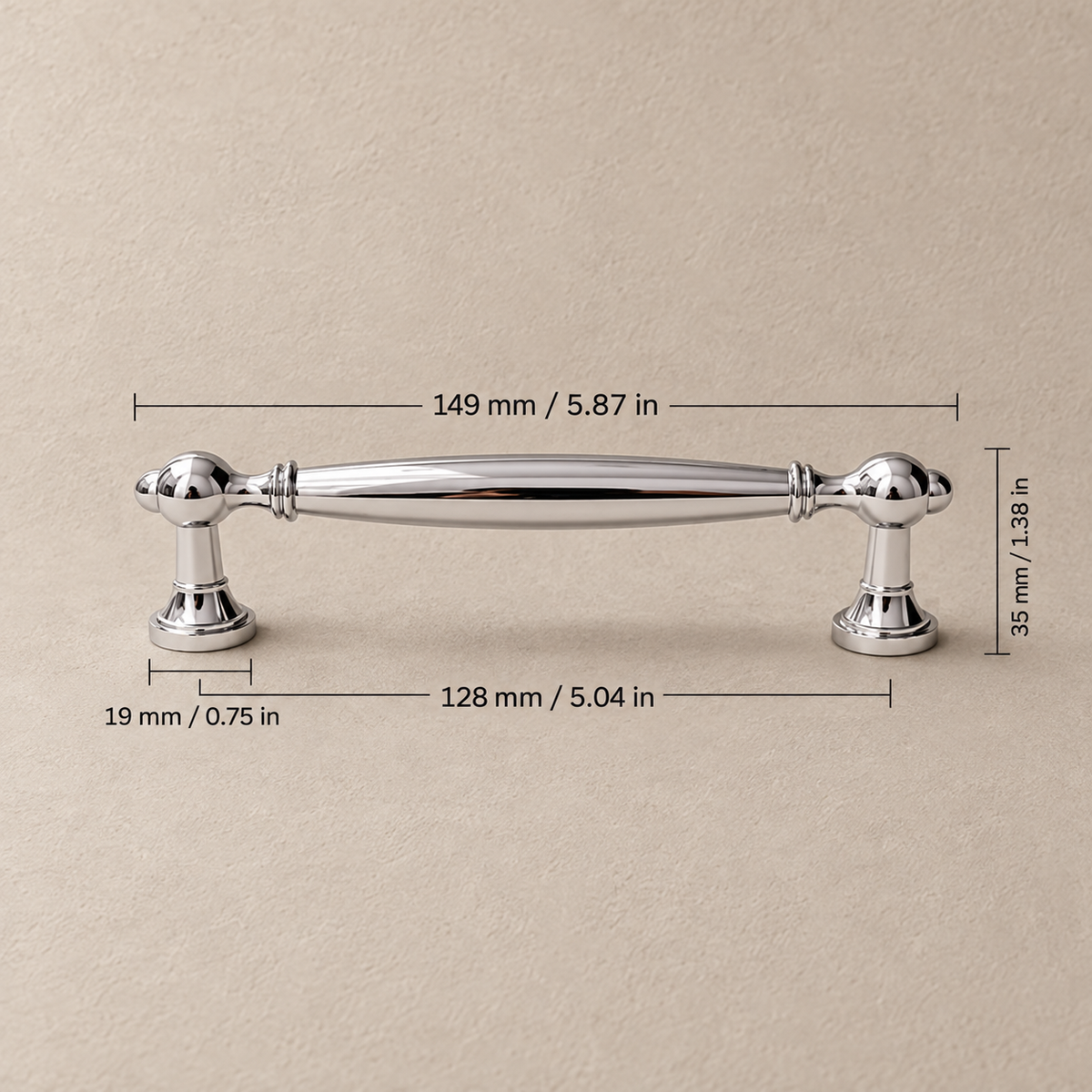 Chrome cabinet pull, 128 mm (5.04 in) mounting centers with dimensions