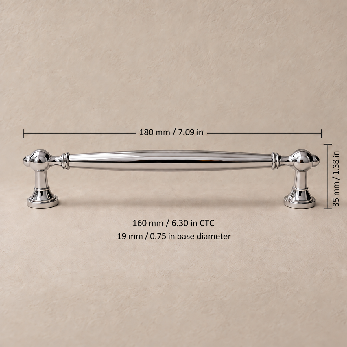 Chrome cabinet pull, 160 mm (6.30 in) mounting centers with dimensions
