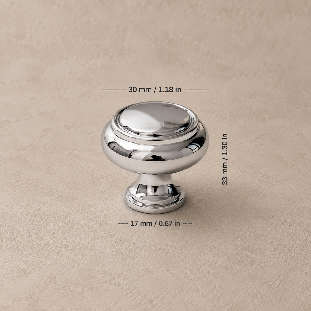 Chrome round cabinet knob, 30 mm diameter with millimeter and inch dimensions