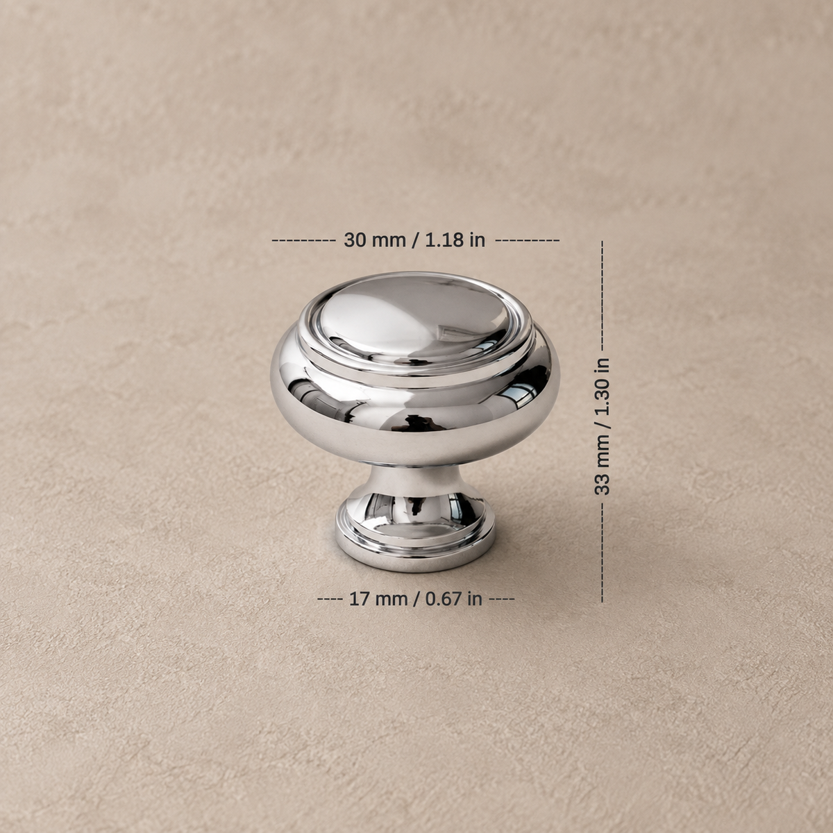 Chrome round cabinet knob, 30 mm diameter with millimeter and inch dimensions