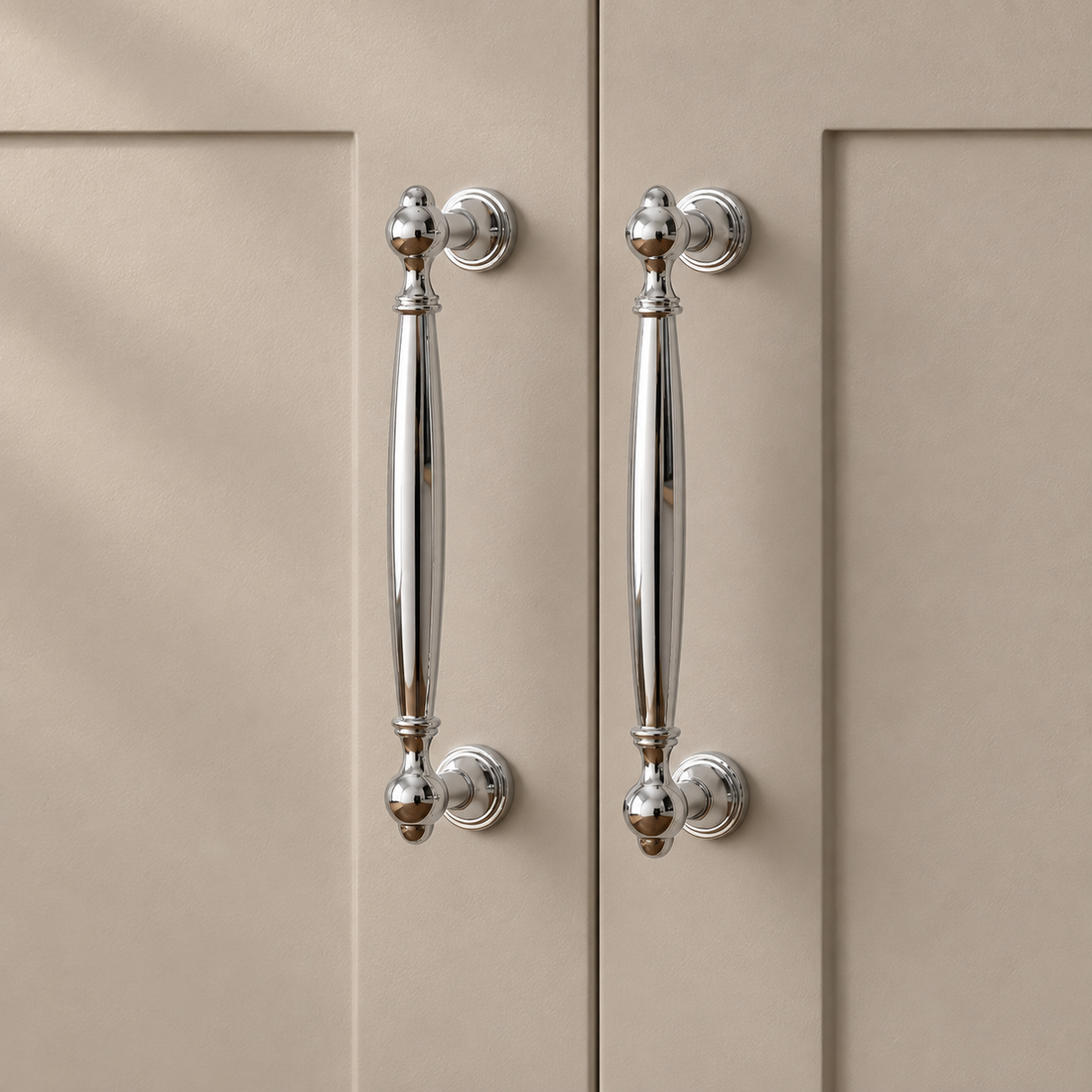 Solid Chrome Brass Cabinet Pull & Knob — Modern Luxury Design on a neutral stone studio background