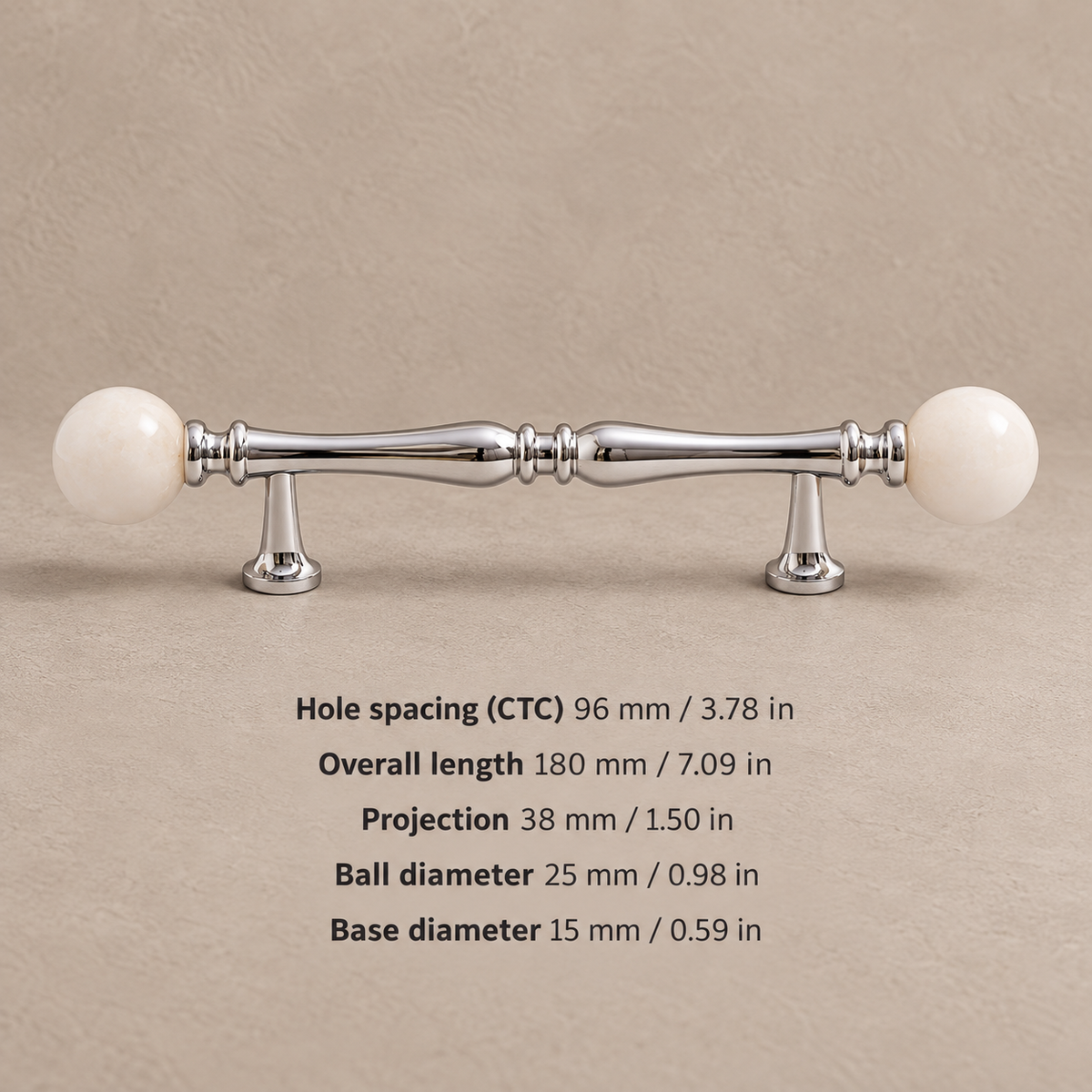Chrome Brass-96.25-White cabinet hardware with dimensions in mm and inches