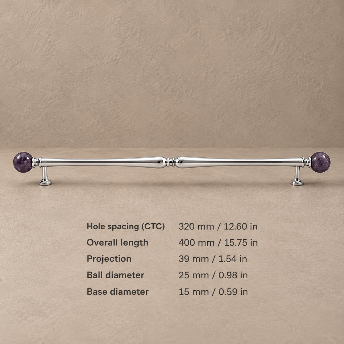 Chrome Brass-320.25-Purple cabinet hardware with dimensions in mm and inches