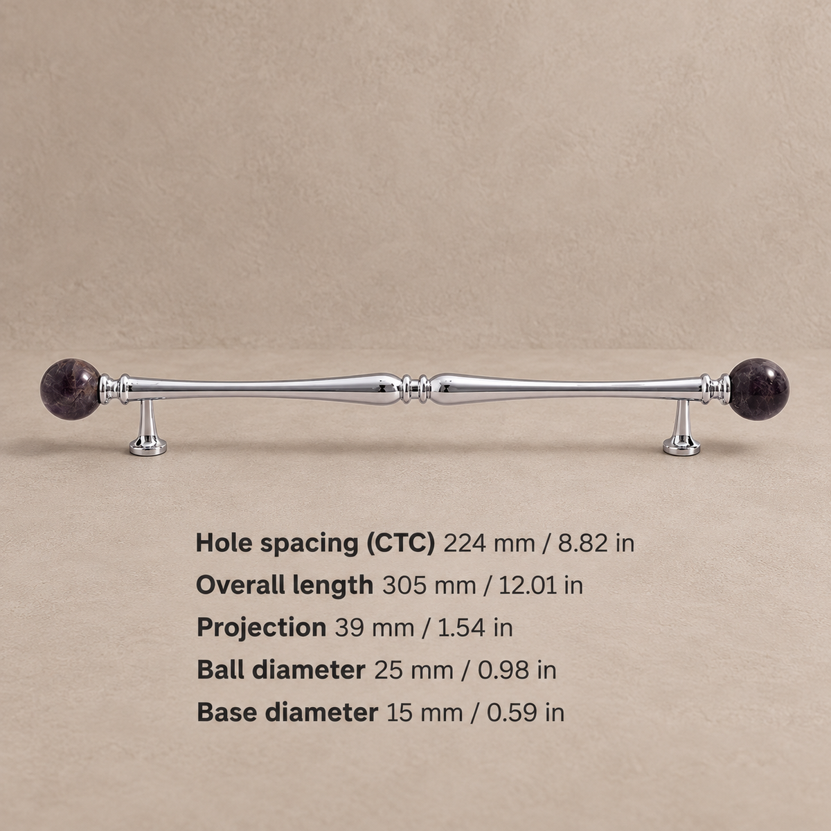 Chrome Brass-224.25-Purple cabinet hardware with dimensions in mm and inches