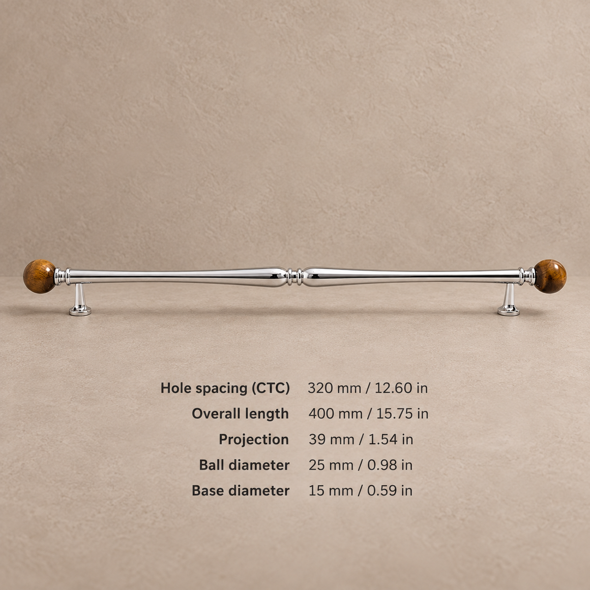 Chrome Brass-320.25-Tiger Eye cabinet hardware with dimensions in mm and inches