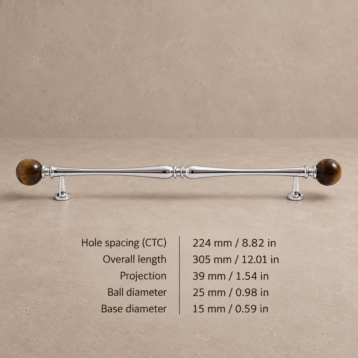 Chrome Brass-224.25-Tiger Eye cabinet hardware with dimensions in mm and inches