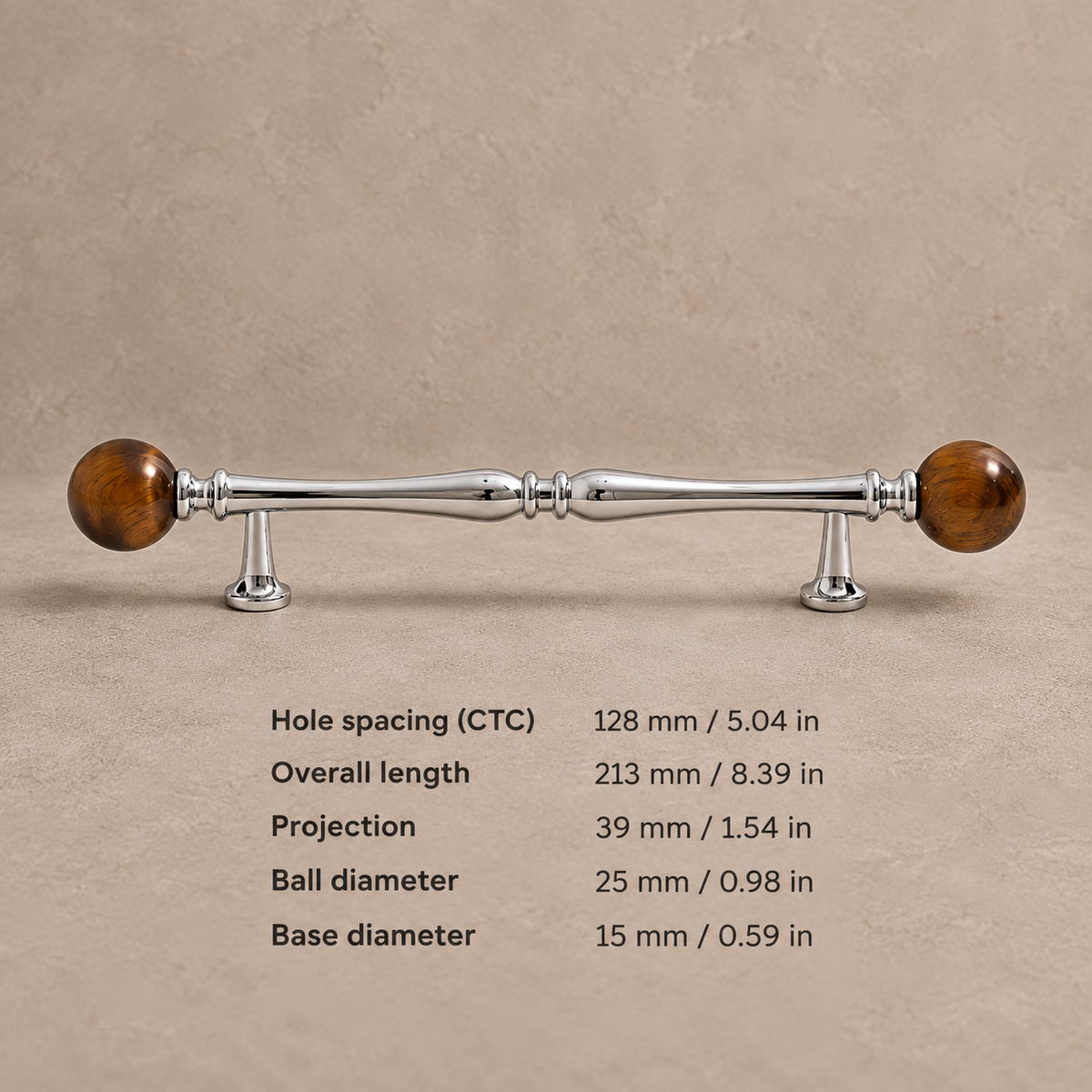 Chrome Brass-128.25-Tiger Eye cabinet hardware with dimensions in mm and inches