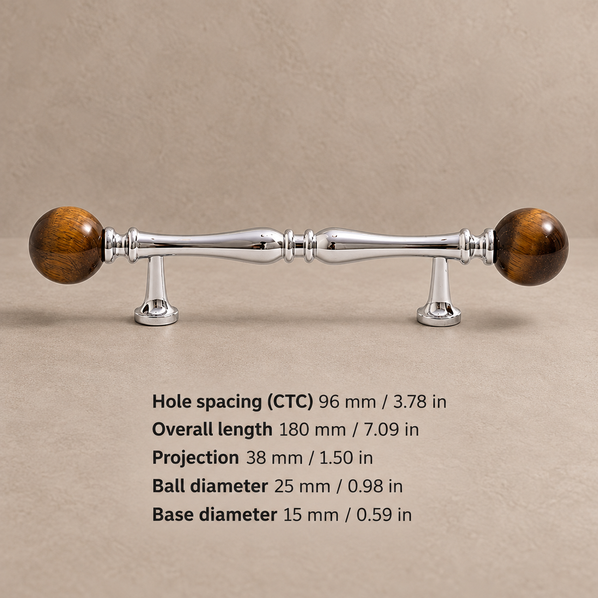 Chrome Brass-96.25-Tiger Eye cabinet hardware with dimensions in mm and inches