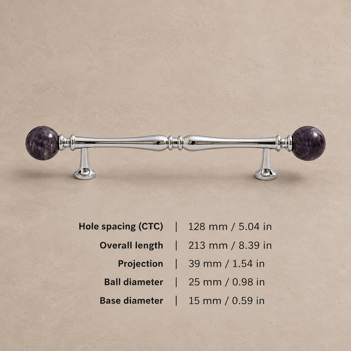Chrome Brass-128.25-Purple cabinet hardware with dimensions in mm and inches