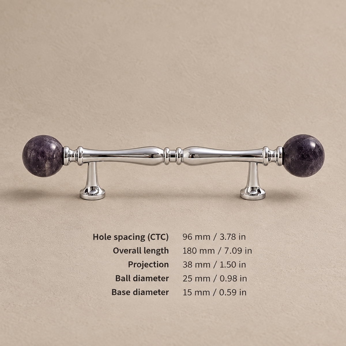 Chrome Brass-96.25-Purple cabinet hardware with dimensions in mm and inches