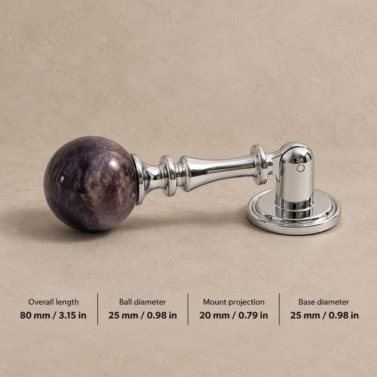 CB2-25-Purple cabinet hardware with dimensions in mm and inches