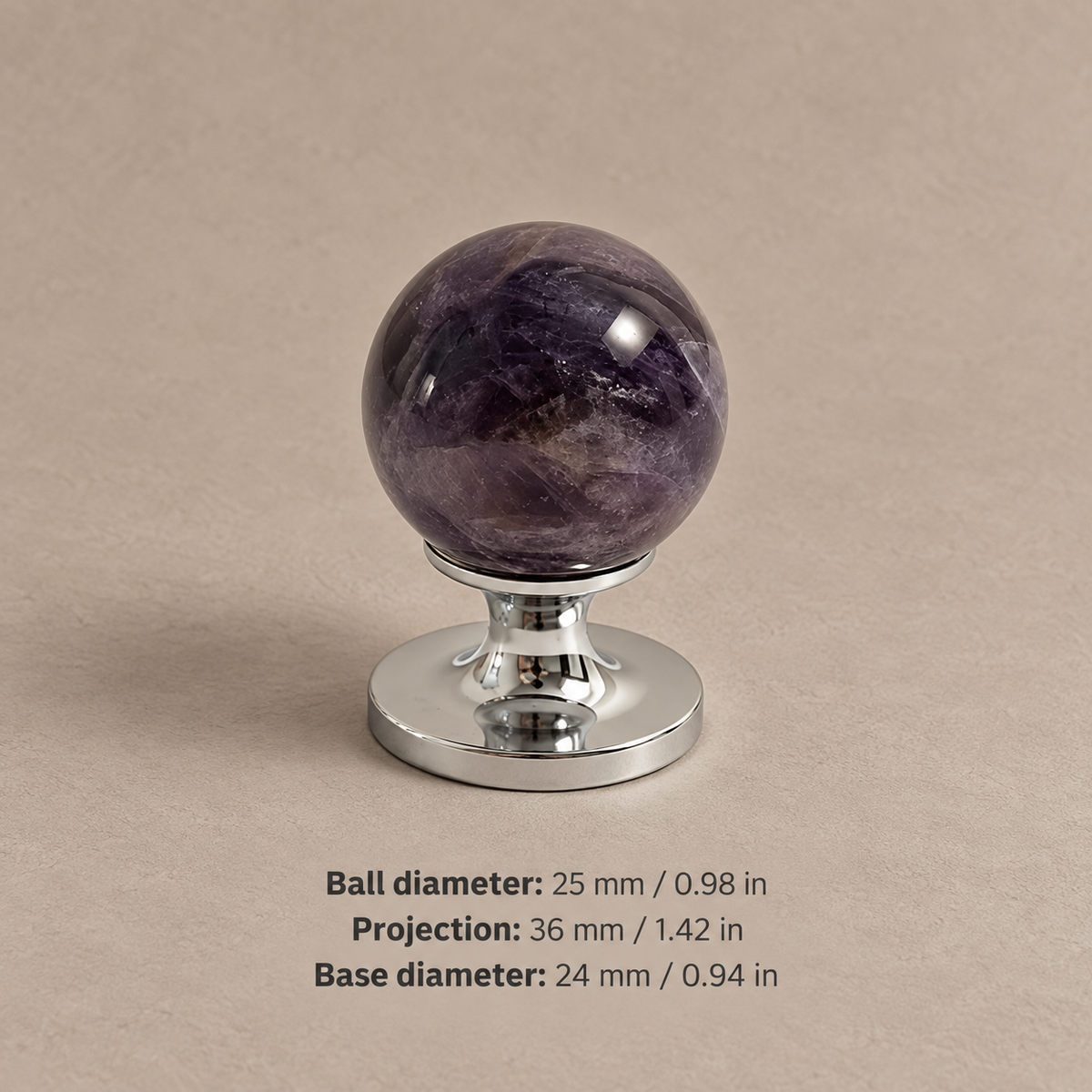 CB1-25-Purple cabinet hardware with dimensions in mm and inches
