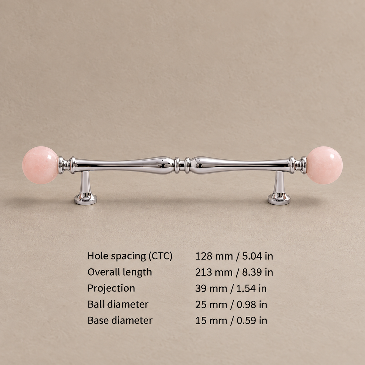 Chrome Brass-128.25-Pink cabinet hardware with dimensions in mm and inches