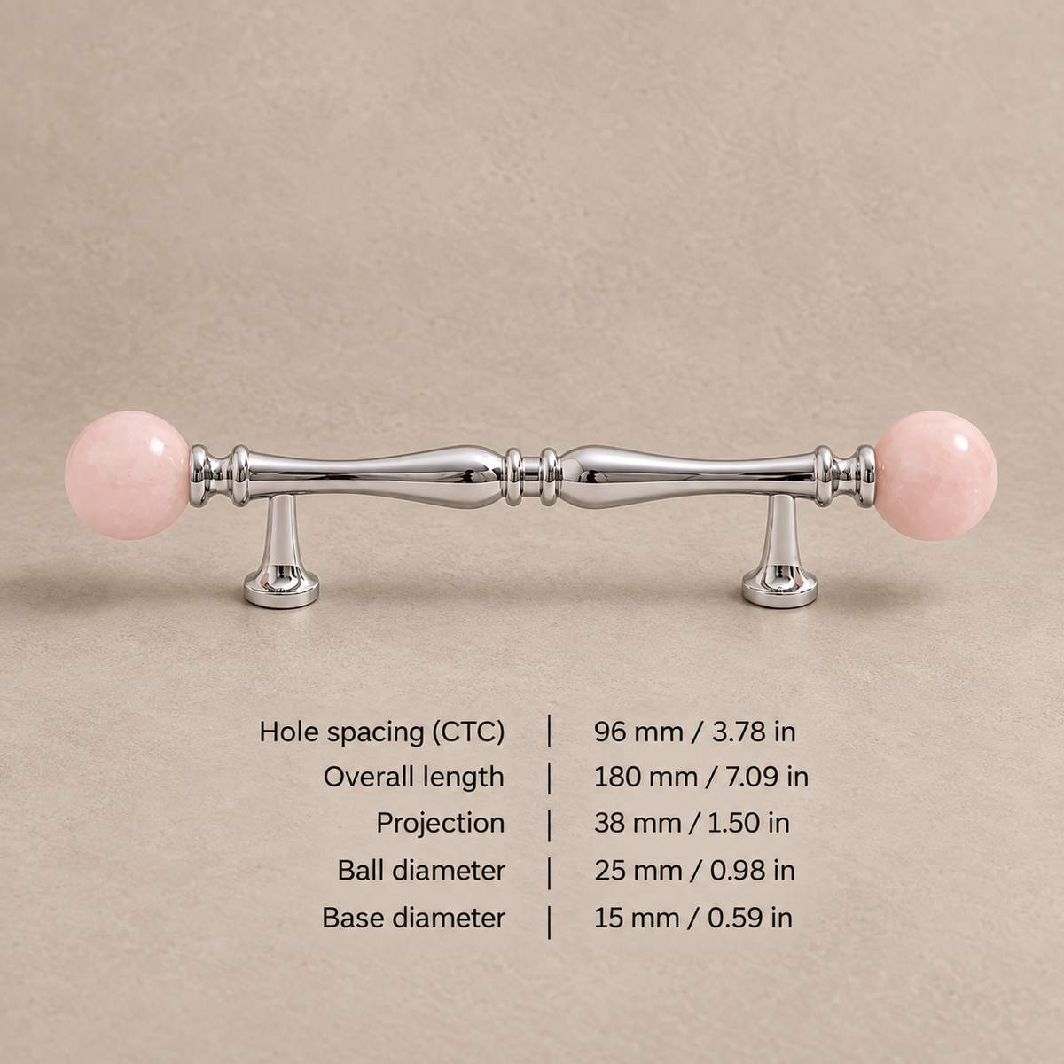 Chrome Brass-96.25-Pink cabinet hardware with dimensions in mm and inches