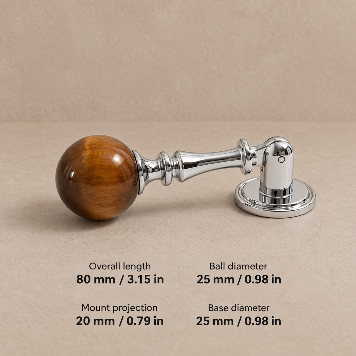 CB2-25-Tiger Eye cabinet hardware with dimensions in mm and inches