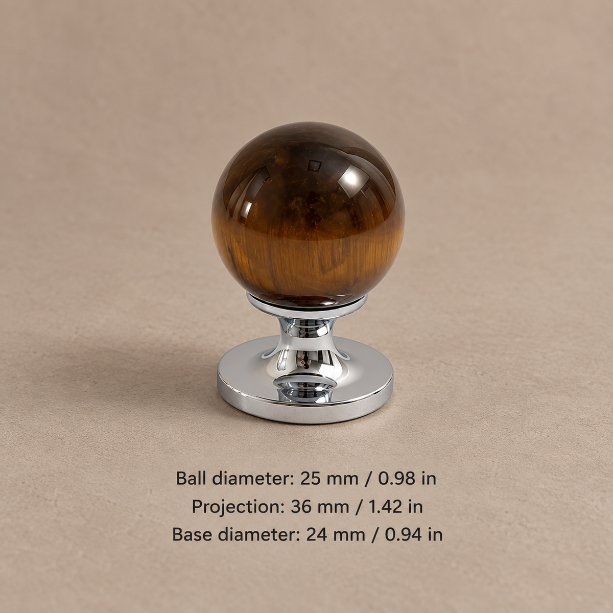 CB1-25-Tiger Eye cabinet hardware with dimensions in mm and inches