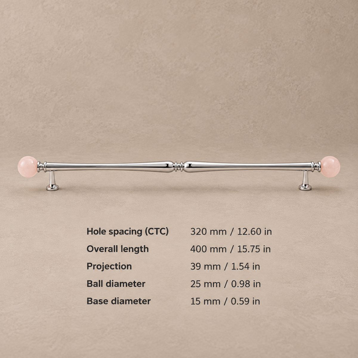 Chrome Brass-320.25-Pink cabinet hardware with dimensions in mm and inches