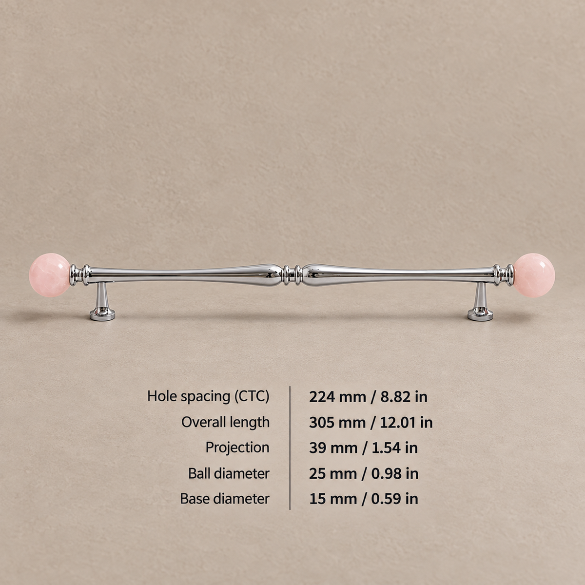 Chrome Brass-224.25-Pink cabinet hardware with dimensions in mm and inches