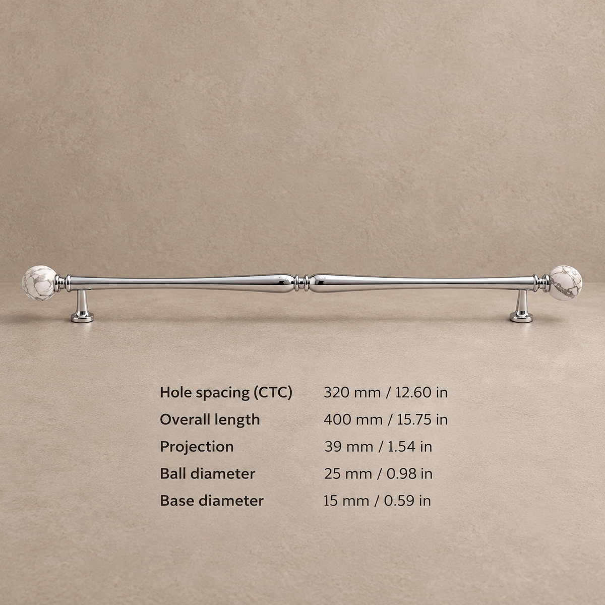 Chrome Brass-320.25-White pine cabinet hardware with dimensions in mm and inches