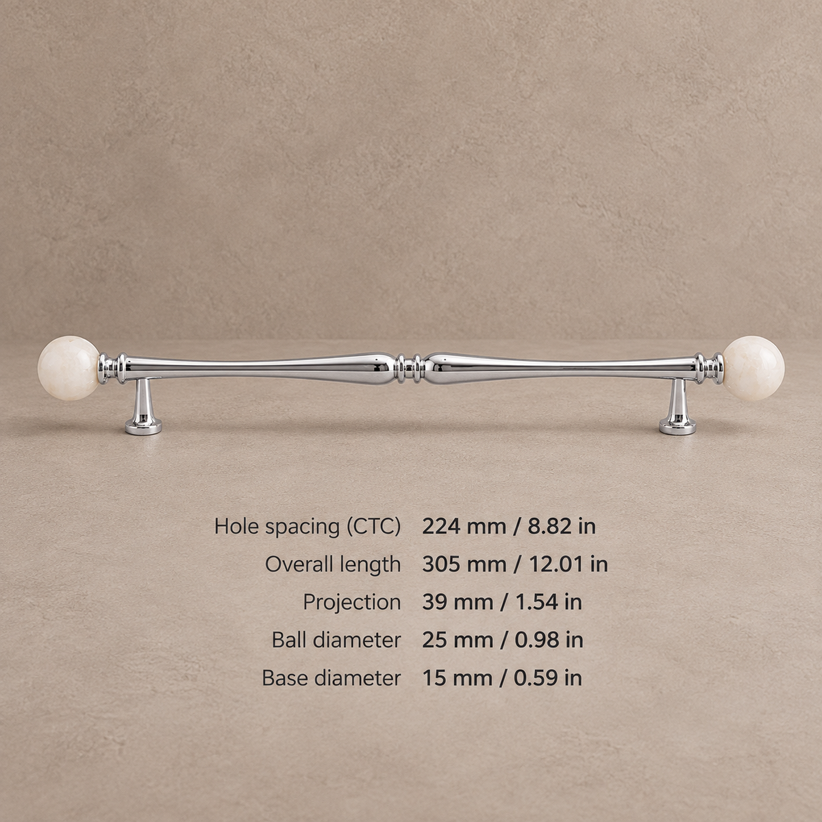 Chrome Brass-224.25-White cabinet hardware with dimensions in mm and inches