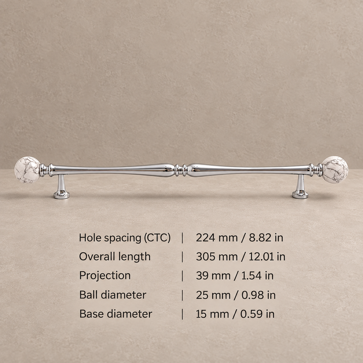 Chrome Brass-224.25-White pine cabinet hardware with dimensions in mm and inches