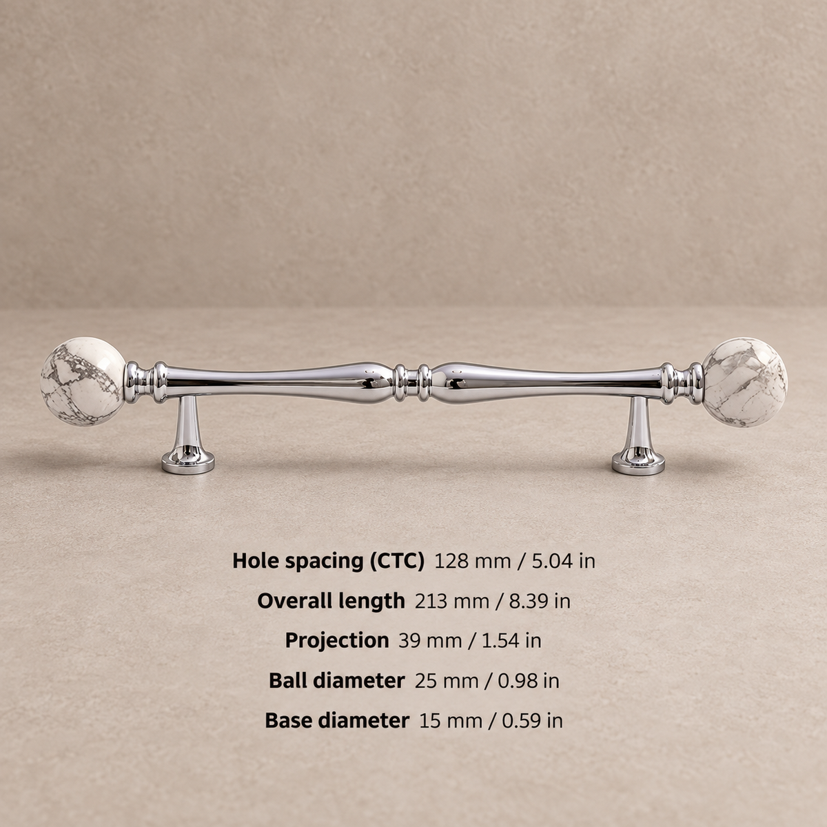 Chrome Brass-128.25-White pine cabinet hardware with dimensions in mm and inches