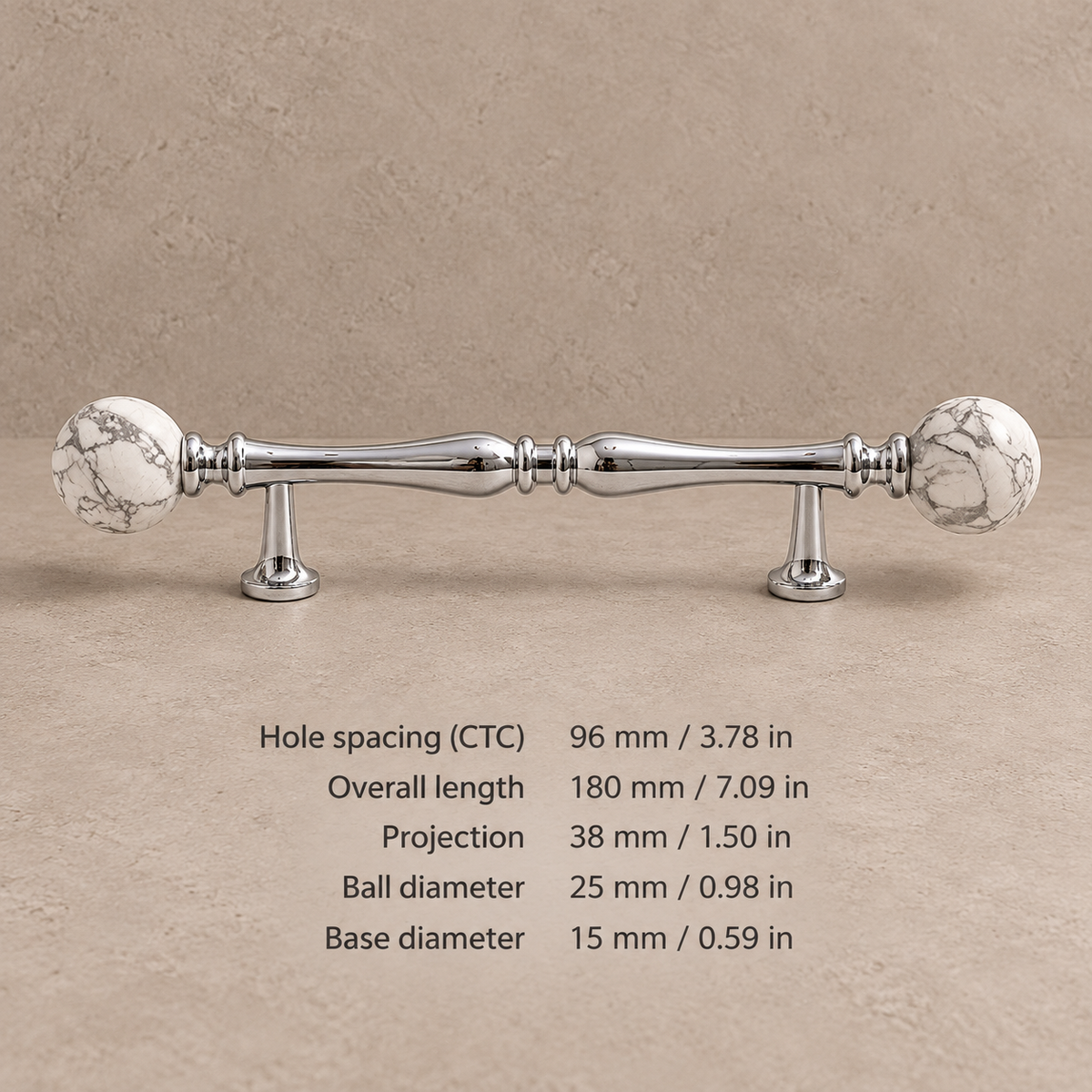 Chrome Brass-96.25-White pine cabinet hardware with dimensions in mm and inches