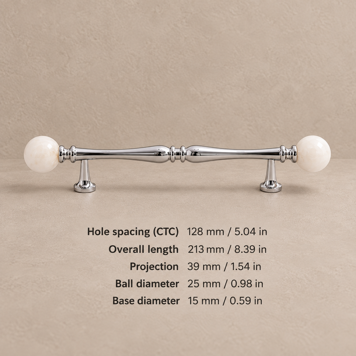 Chrome Brass-128.25-White cabinet hardware with dimensions in mm and inches