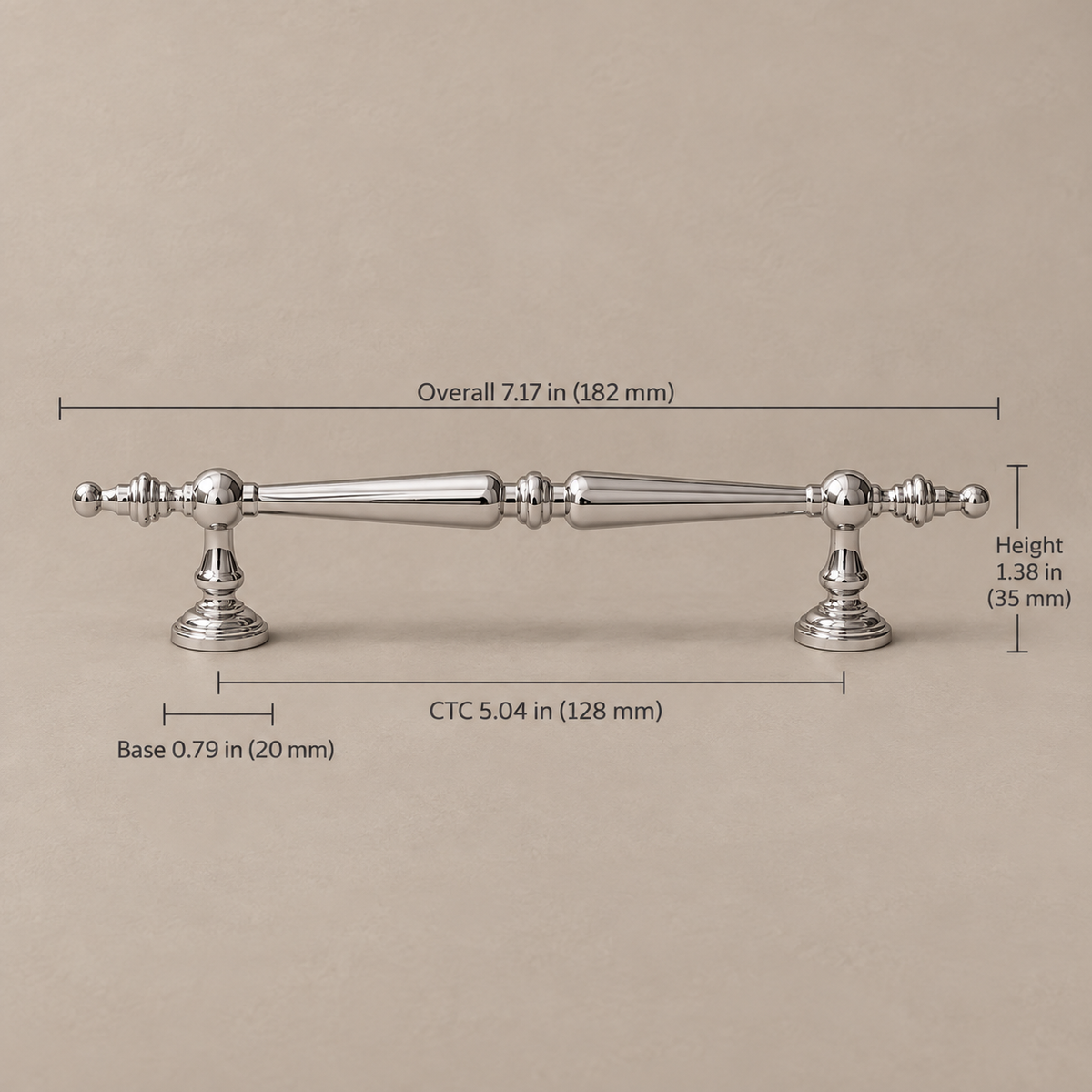 Bright chrome cabinet hardware — 128mm on taupe studio background, dimensions in inches and millimeters