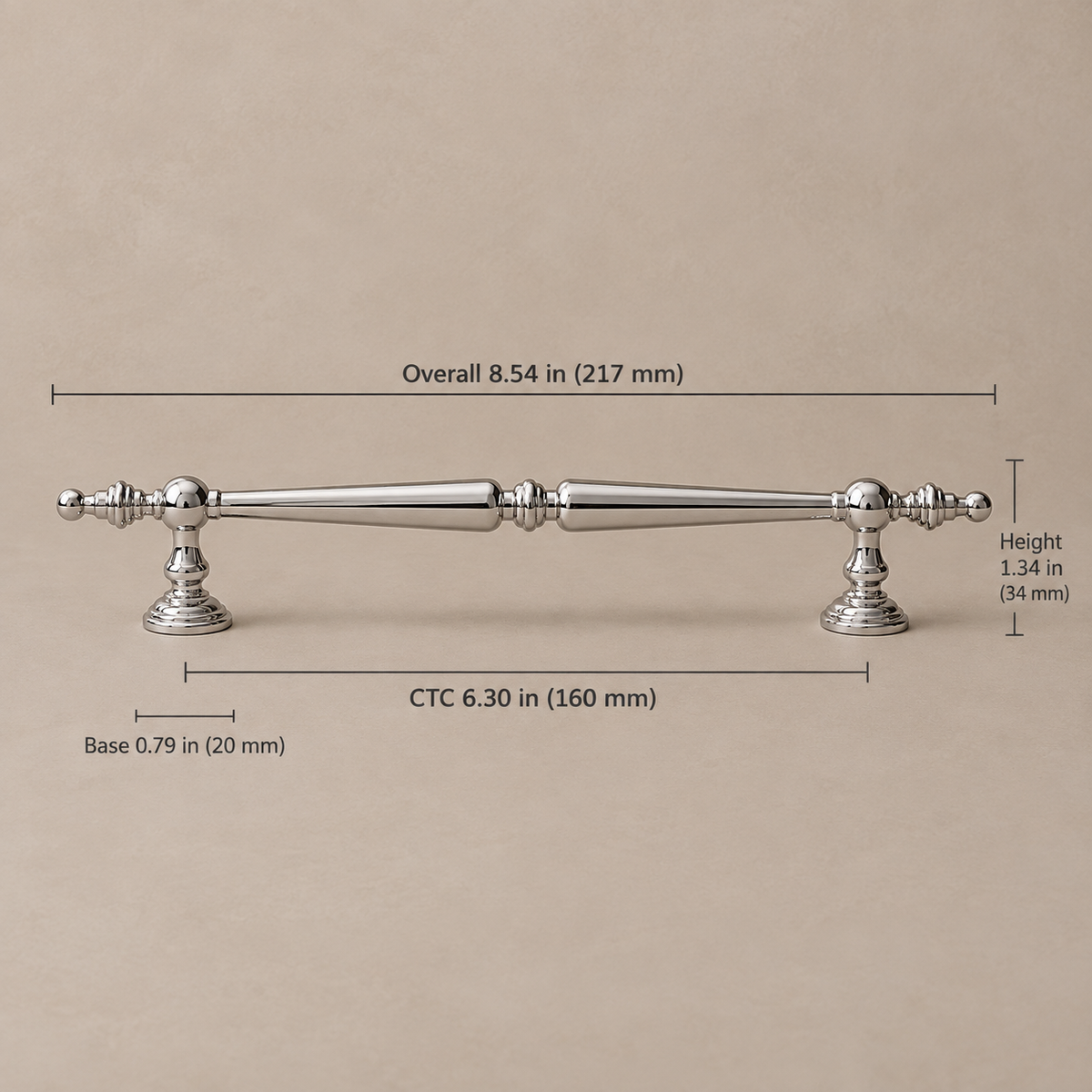 Bright chrome cabinet hardware — 160mm on taupe studio background, dimensions in inches and millimeters