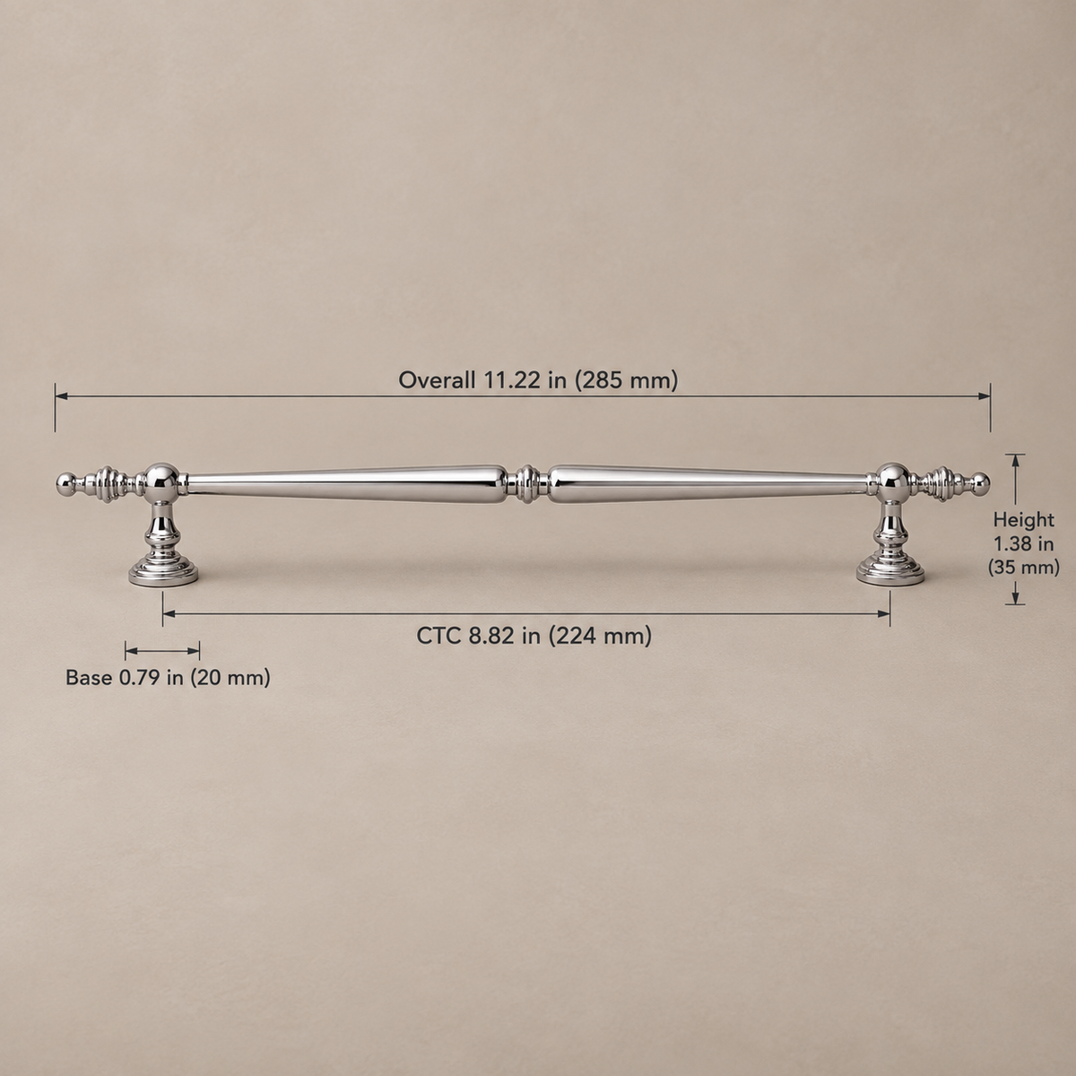 Bright chrome cabinet hardware — 224mm on taupe studio background, dimensions in inches and millimeters