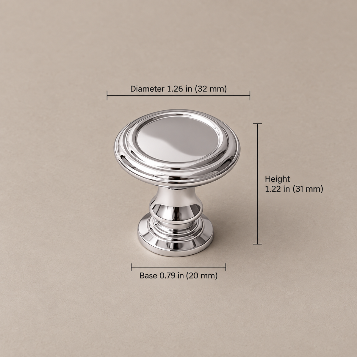 Bright chrome cabinet hardware — 32mm knob on taupe studio background, dimensions in inches and millimeters