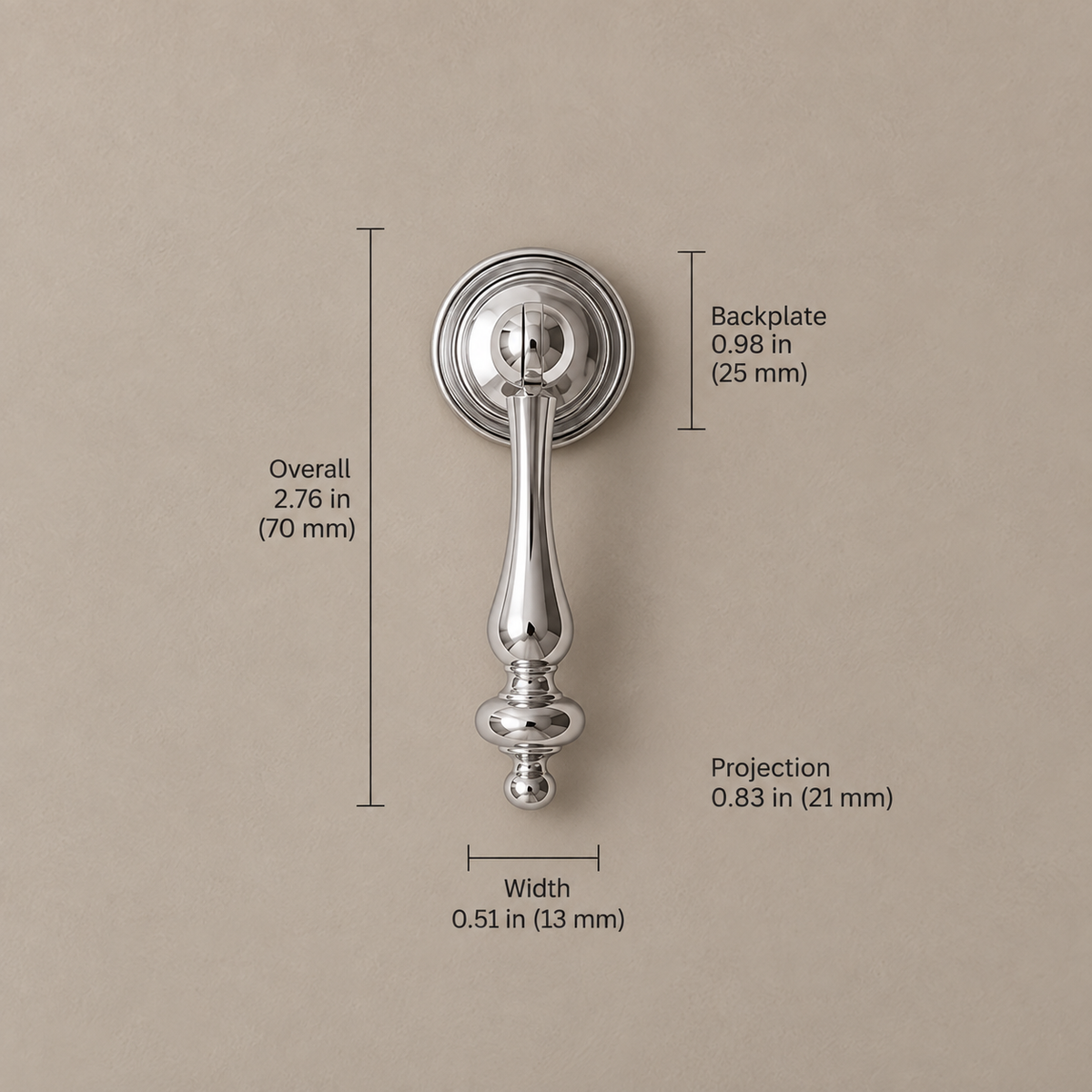 Bright chrome cabinet hardware — 70mm pendant on taupe studio background, dimensions in inches and millimeters