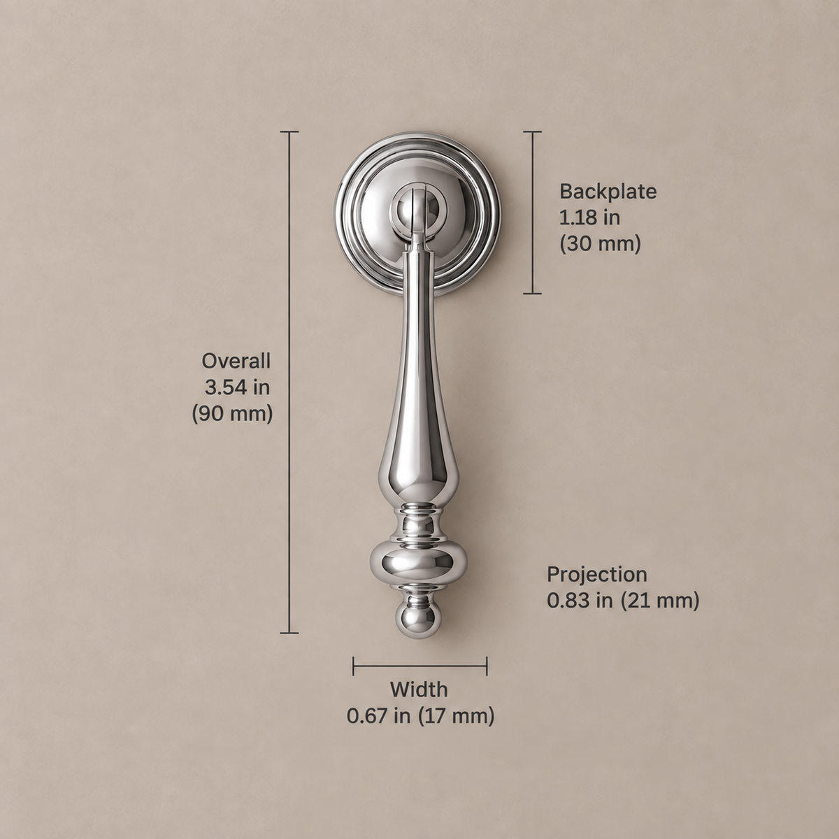 Bright chrome cabinet hardware — 90mm pendant on taupe studio background, dimensions in inches and millimeters