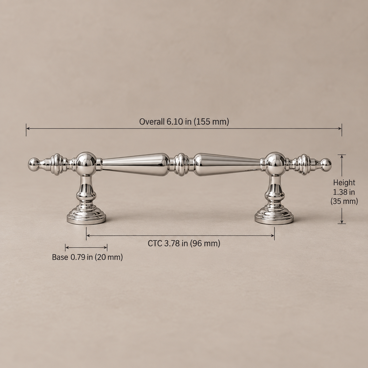 Bright chrome cabinet hardware — 96mm on taupe studio background, dimensions in inches and millimeters