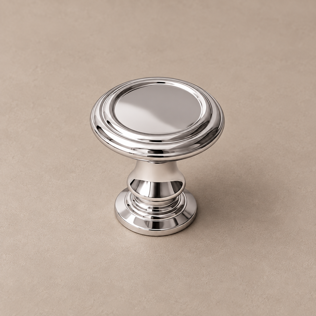 Crystal-End Cabinet Pull & Knob — Bright Chrome on a deep olive studio background