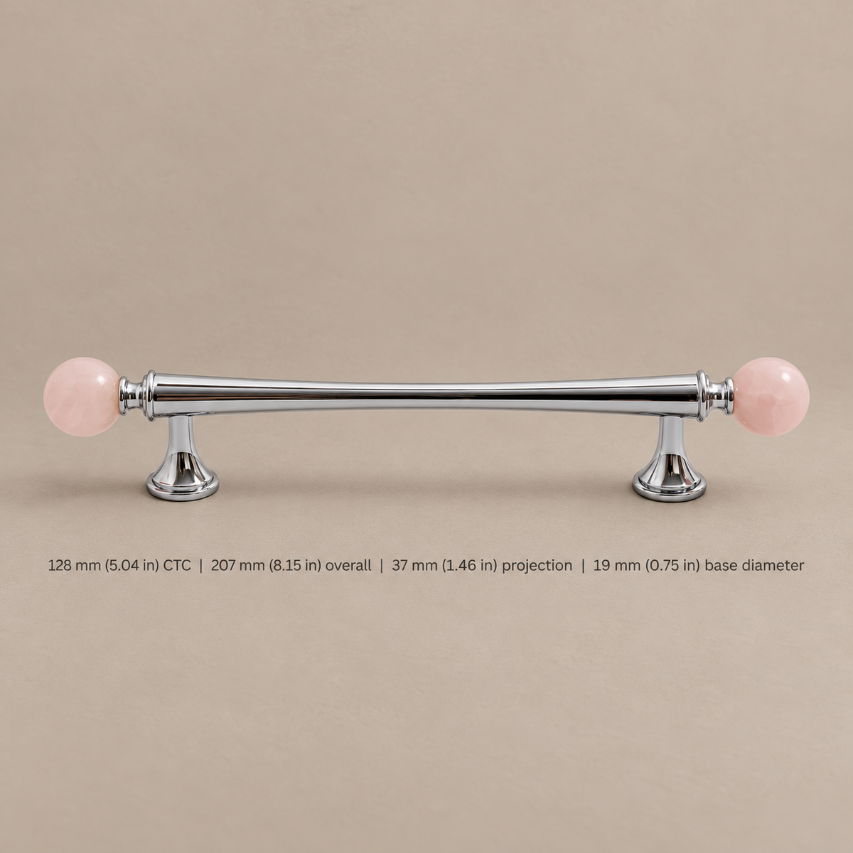 Solid Brass & Crystal Ball Cabinet Pull — Chrome Luxury Design — pink-pull-128mm