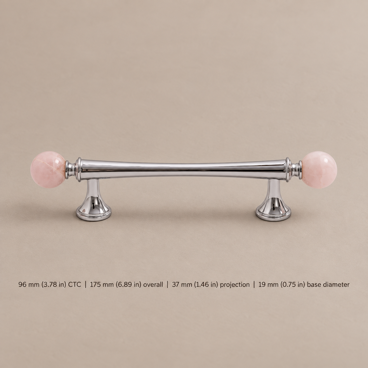 Solid Brass & Crystal Ball Cabinet Pull — Chrome Luxury Design — pink-pull-96mm