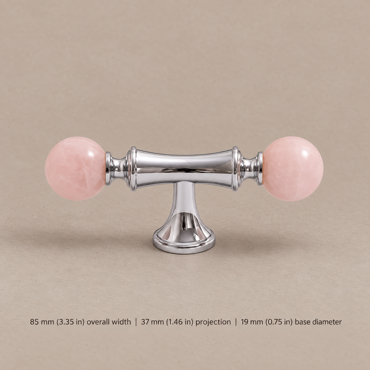 Solid Brass & Crystal Ball Cabinet Pull — Chrome Luxury Design — pink-tbar-85mm