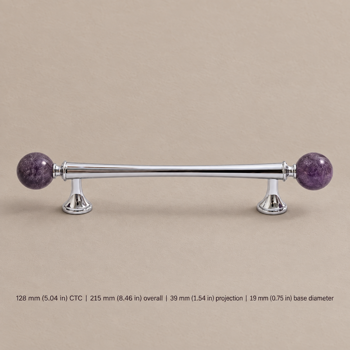 Solid Brass & Crystal Ball Cabinet Pull — Chrome Luxury Design — purple-pull-128mm