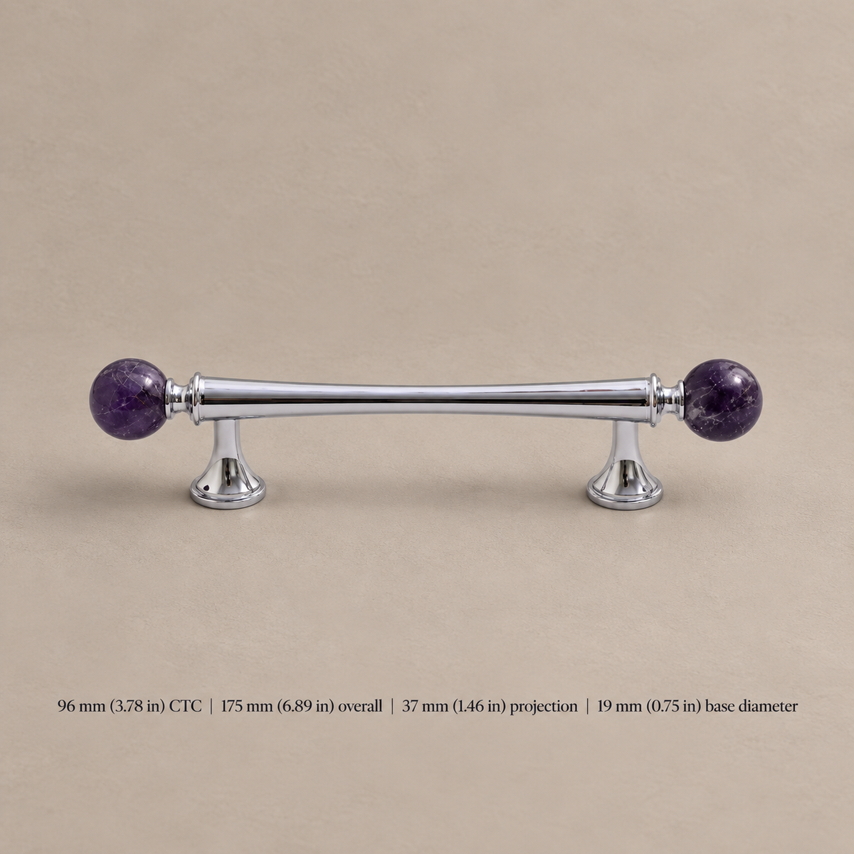 Solid Brass & Crystal Ball Cabinet Pull — Chrome Luxury Design — purple-pull-96mm