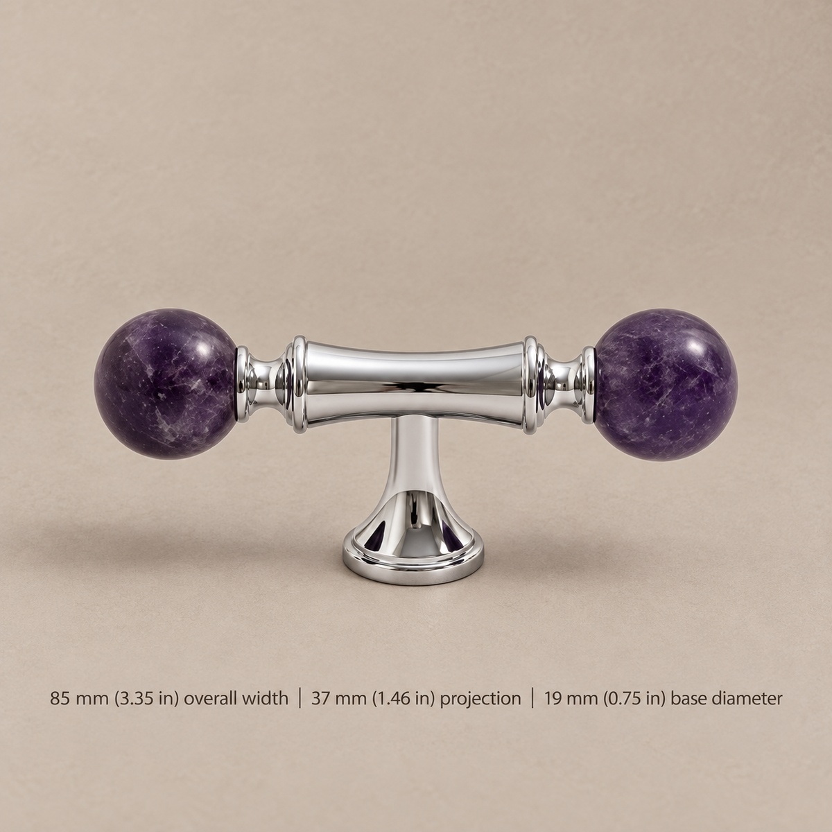 Solid Brass & Crystal Ball Cabinet Pull — Chrome Luxury Design — purple-tbar-85mm
