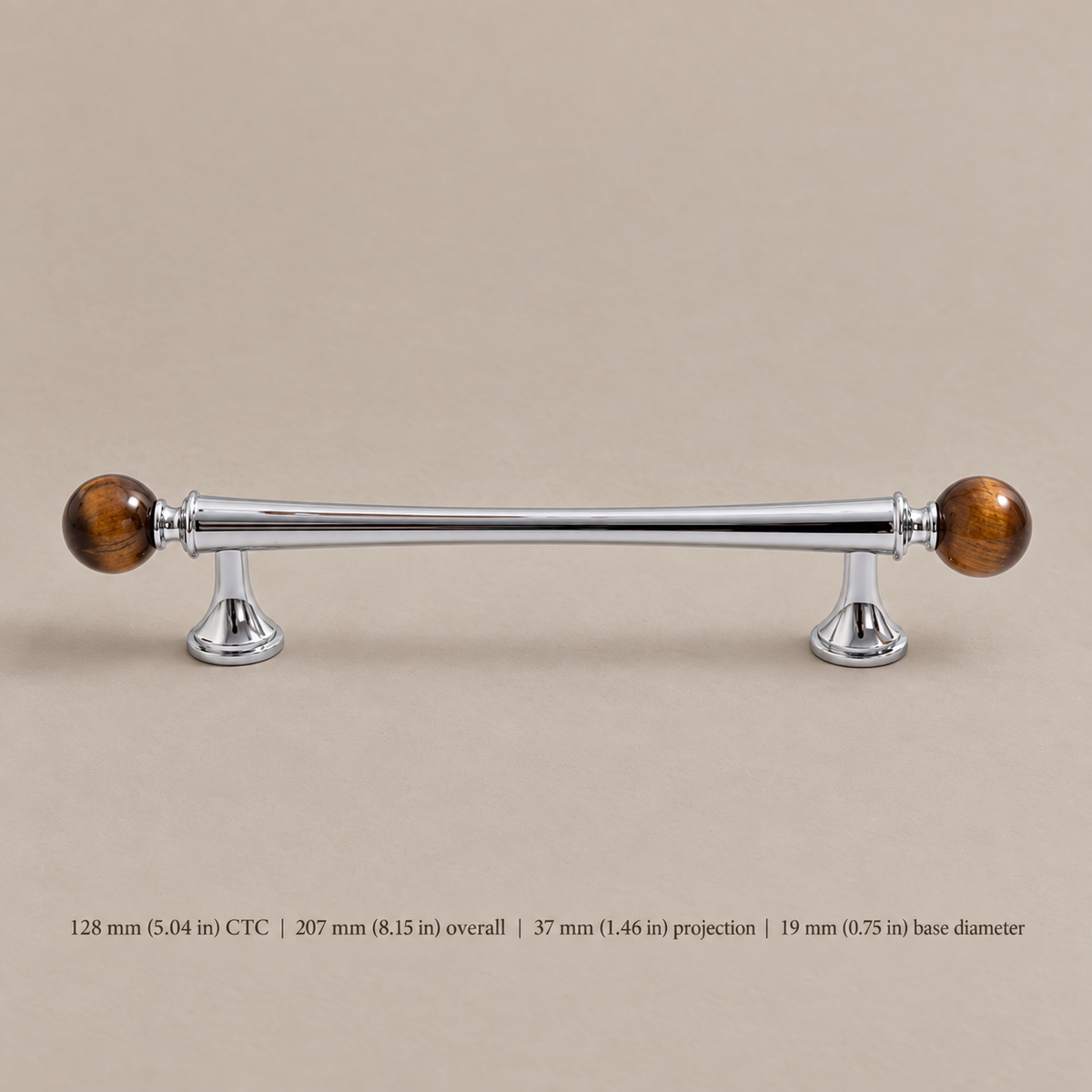 Solid Brass & Crystal Ball Cabinet Pull — Chrome Luxury Design — tiger-eye-pull-128mm