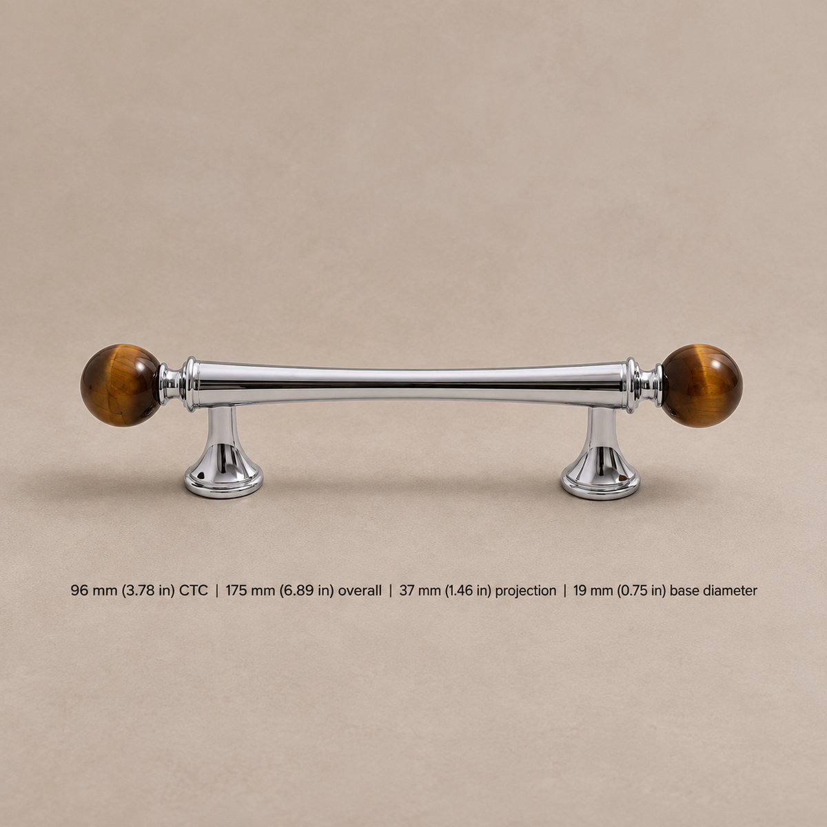 Solid Brass & Crystal Ball Cabinet Pull — Chrome Luxury Design — tiger-eye-pull-96mm