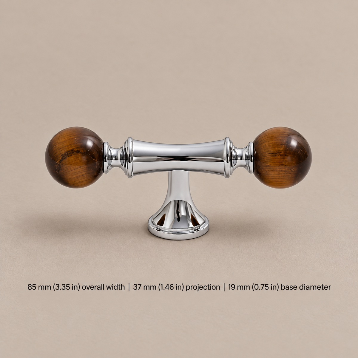 Solid Brass & Crystal Ball Cabinet Pull — Chrome Luxury Design — tiger-eye-tbar-85mm