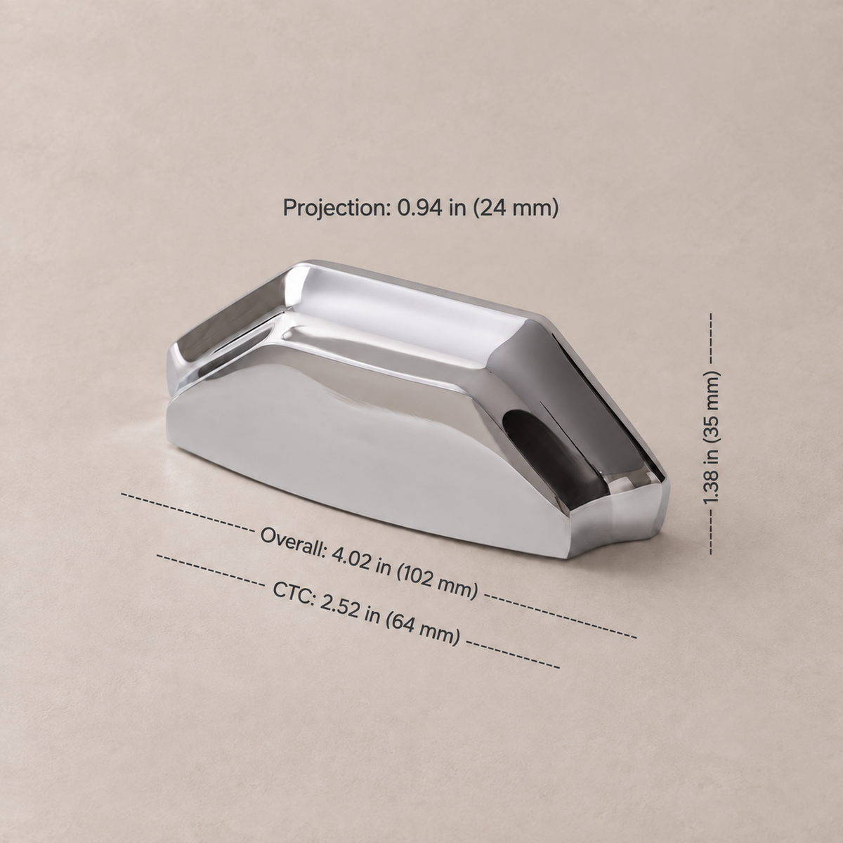 Faceted chrome cup pull, 64 mm center-to-center, dimensions in inches and millimeters